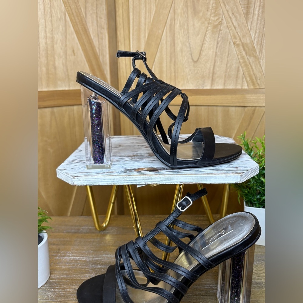 Qupid Women’s Elegant Black Strappy Heels with Glitter Block Heel Size 8